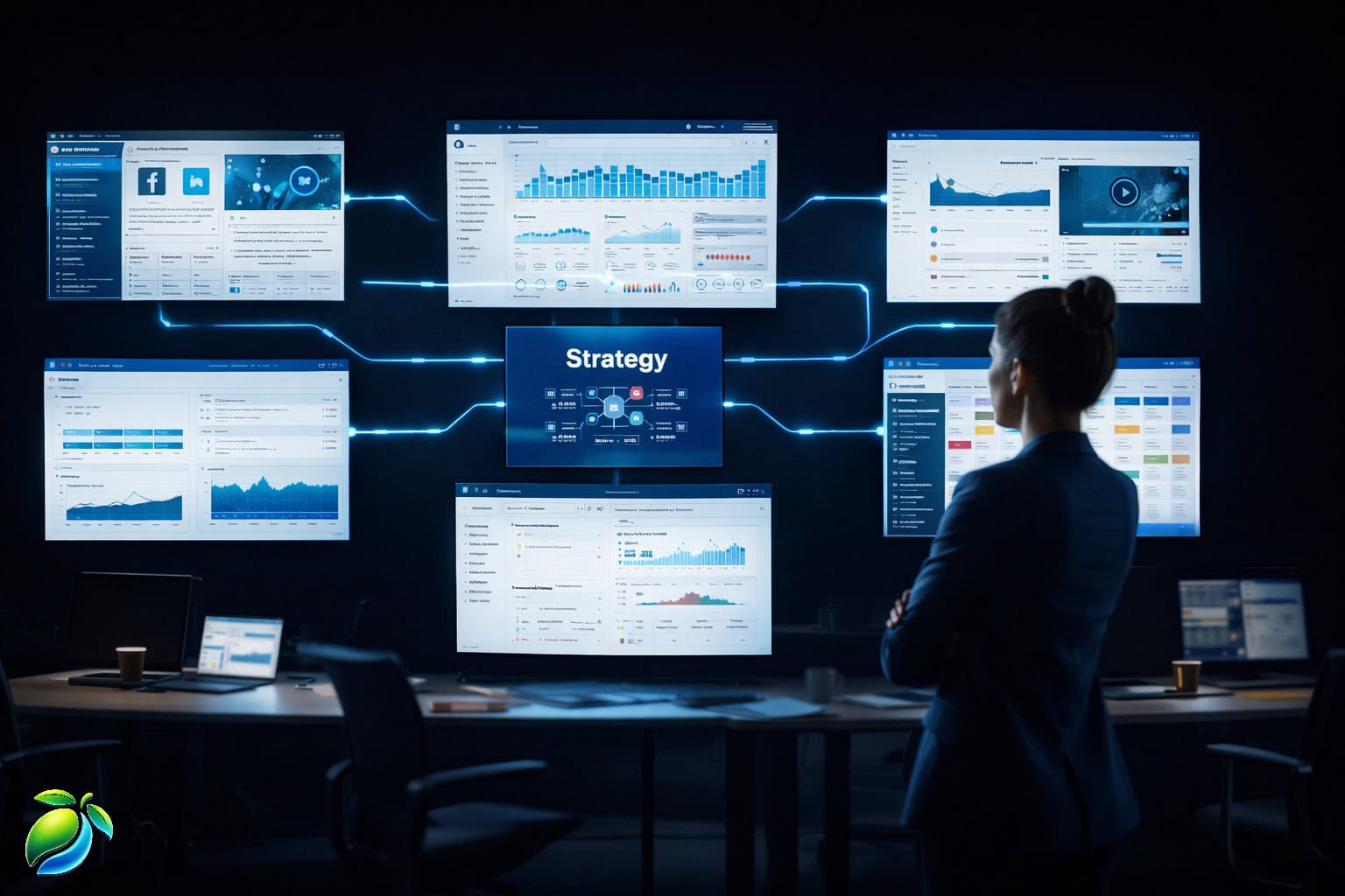 Digital marketing strategy system connecting all channels on a central screen in a modern marketing operations room.
