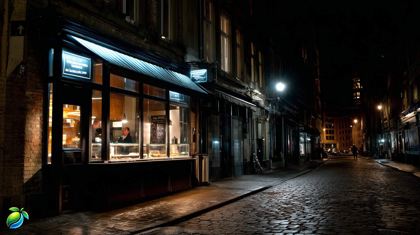 Marketing during economic uncertainty: a lit storefront on a dark street, showing the value of staying visible when competitors go quiet