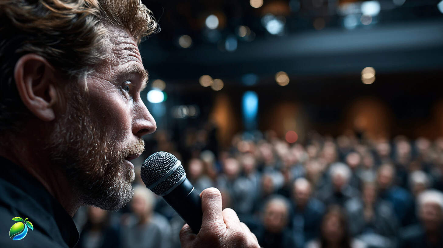 Keynote speaker holding a microphone, presenting human-first B2B marketing to a business audience